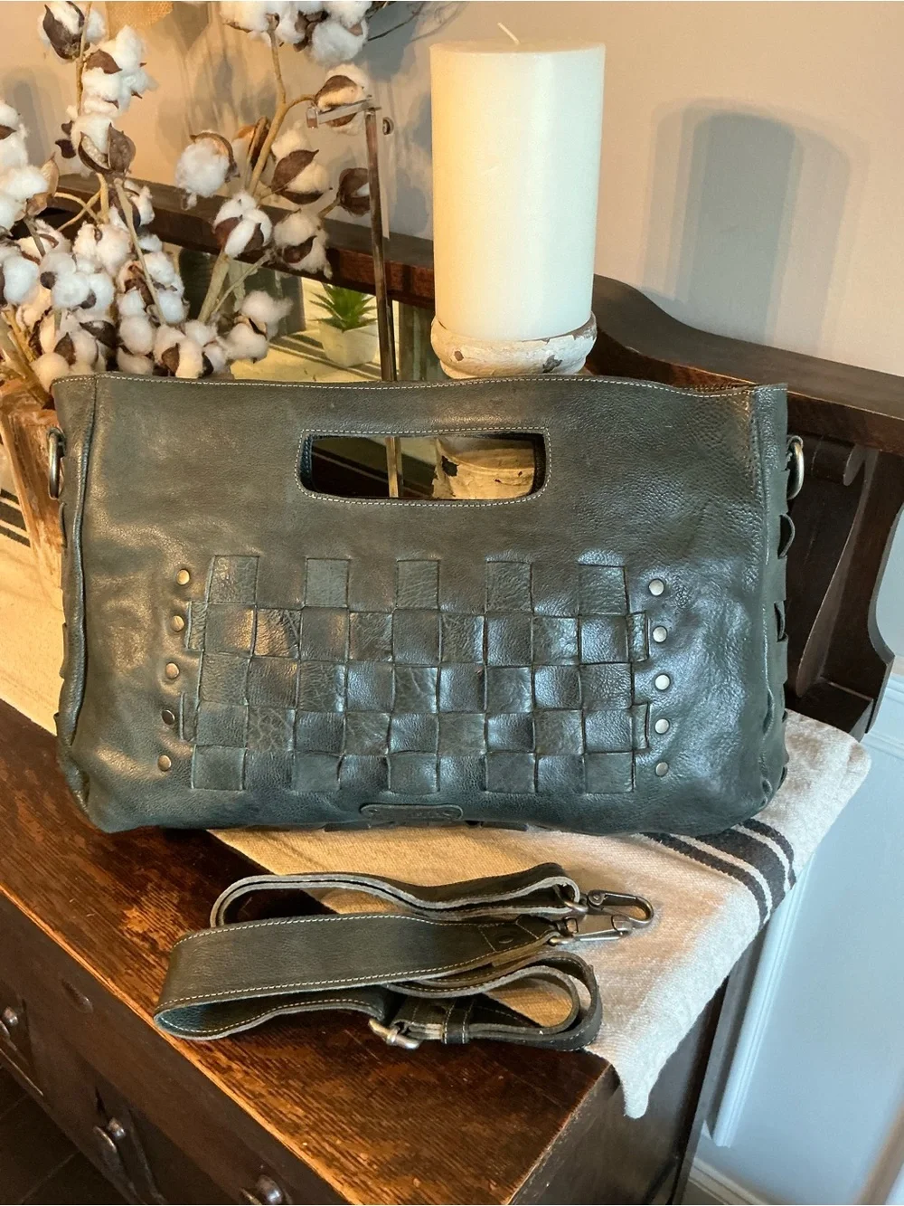 NWOT Bed Stu Orchid XL Leather Satchel Handbag Crossbody Bag Dark Teal DD $325 - Picture 4 of 12